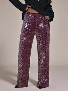 SHEIN BAE Fashion Party Commute Sequin Suit Pants - Burgundy - View 4