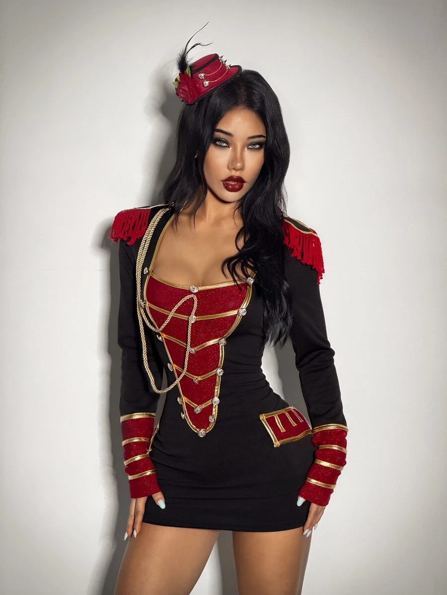 SHEIN ICON Gaun Pita Kancing Rumbai Desainer Wanita untuk Cosplay Halloween - Hitam - View 1