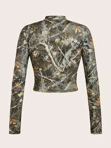 Slaydiva Simple Casual Streetwear Women's Full-Print Branch Pattern Autumn-Winter Stretchy Half-Neck Zipper V-Neck Tight Long Sleeves T-Shirt Green Olive - Multicolor - View 2