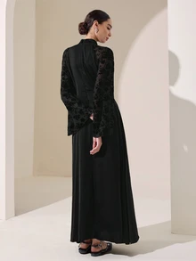 Graceveil Black Satin & Flocked Patchwork Stand Collar Bell Sleeve Long Waist-Cinching Dressautumn Outfit For Women - Black - View 3