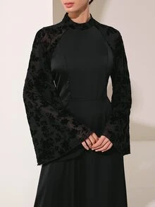 Graceveil Black Satin & Flocked Patchwork Stand Collar Bell Sleeve Long Waist-Cinching Dressautumn Outfit For Women - Black - View 9