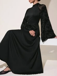 Graceveil Black Satin & Flocked Patchwork Stand Collar Bell Sleeve Long Waist-Cinching Dressautumn Outfit For Women - Black - View 5