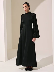 Graceveil Black Satin & Flocked Patchwork Stand Collar Bell Sleeve Long Waist-Cinching Dressautumn Outfit For Women - Black - View 6