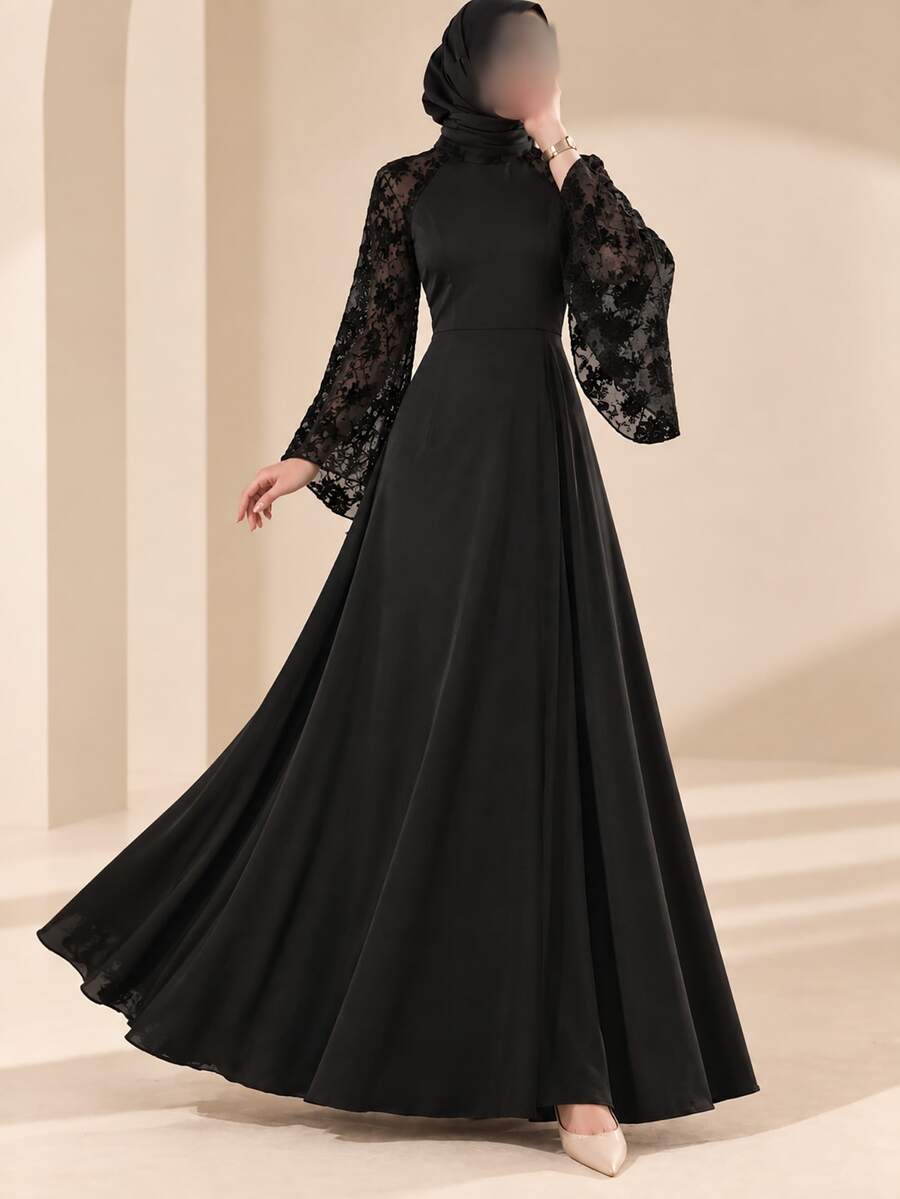 Graceveil Black Satin & Flocked Patchwork Stand Collar Bell Sleeve Long Waist-Cinching Dressautumn Outfit For Women