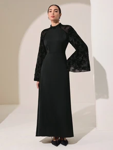 Graceveil Black Satin & Flocked Patchwork Stand Collar Bell Sleeve Long Waist-Cinching Dressautumn Outfit For Women - Black - View 7