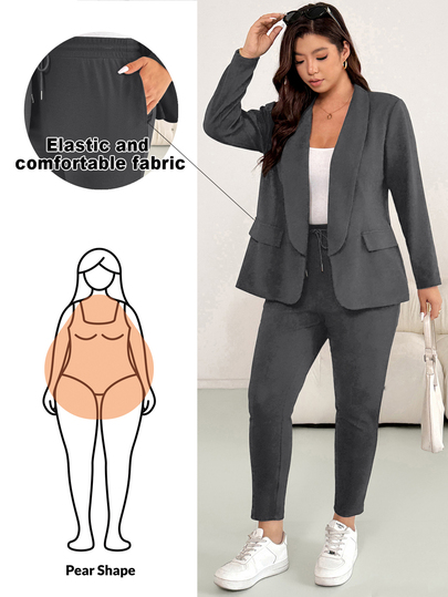 Shapeblank Plus Size Casual Commute Solid Color Jacket And Pants 2 Pieces Set Fall