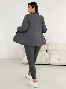 Shapeblank Plus Size Casual Commute Solid Color Jacket And Pants 2 Pieces Set Fall - Dark Grey - View 2
