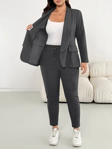 Shapeblank Plus Size Casual Commute Solid Color Jacket And Pants 2 Pieces Set Fall - Dark Grey - View 4