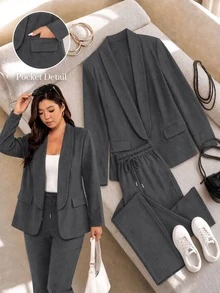 Shapeblank Plus Size Casual Commute Solid Color Jacket And Pants 2 Pieces Set Fall - Dark Grey - View 7