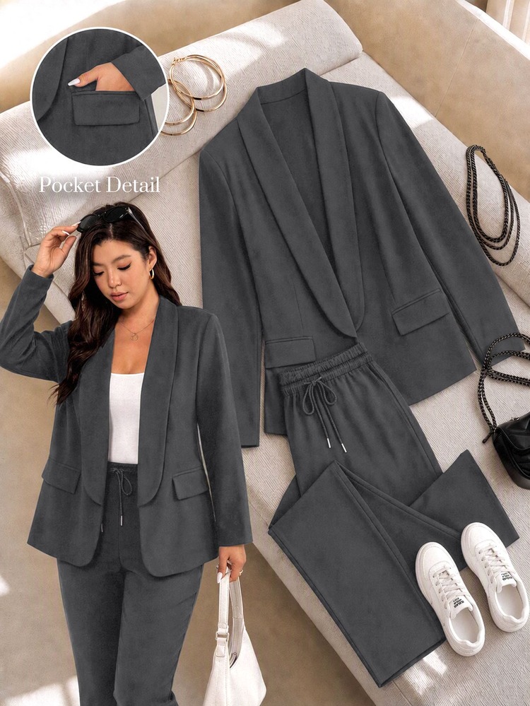 Shapeblank Plus Size Casual Commute Solid Color Jacket And Pants 2 Pieces Set Fall - Dark Grey - View 7