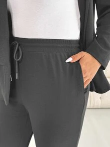 Shapeblank Plus Size Casual Commute Solid Color Jacket And Pants 2 Pieces Set Fall - Dark Grey - View 5
