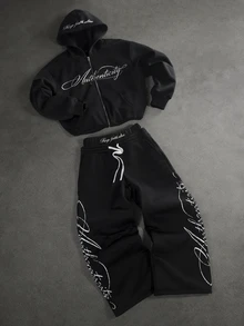 SLATEMANN Men's Letter Graphic Zip-Up Hoodie And Pants Set - Black - View 2