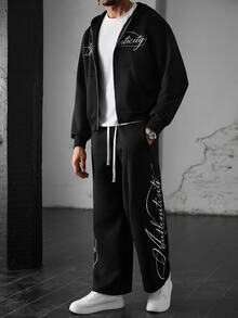 SLATEMANN Men's Letter Graphic Zip-Up Hoodie And Pants Set - Black - View 3