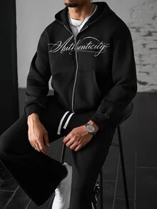 SLATEMANN Men's Letter Graphic Zip-Up Hoodie And Pants Set - Black - View 4