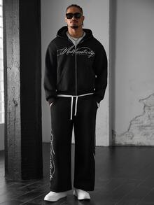 SLATEMANN Men's Letter Graphic Zip-Up Hoodie And Pants Set - Black - View 1
