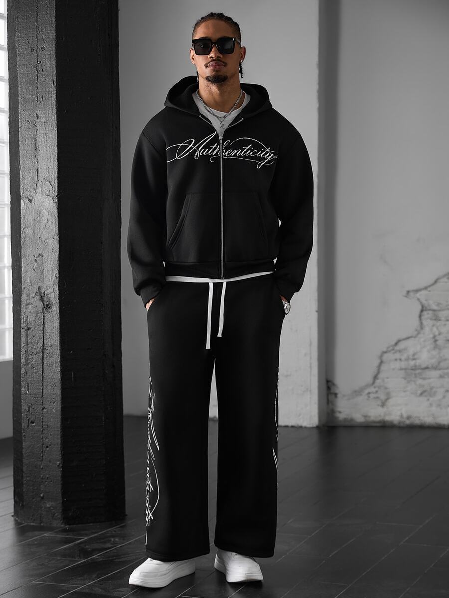 SLATEMANN Men's Letter Graphic Zip-Up Hoodie And Pants Set - Black - View 1