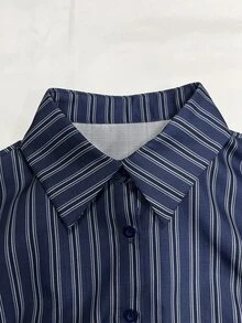 INAWLY 海軍藍細格領短袖襯衫 夜間夏季性感 Y2K 外出夜生活 - 藏蓝色 - 查看 4