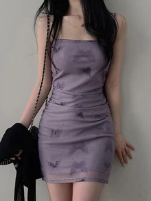 DAZY Gaun Cami Wanita Motif Kupu-kupu Model Kerut Bodycon Warna Ungu Lilac Mini Dress, Gaun Santai untuk Klub Malam - Purple - View 2