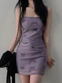 DAZY Gaun Cami Wanita Motif Kupu-kupu Model Kerut Bodycon Warna Ungu Lilac Mini Dress, Gaun Santai untuk Klub Malam - Purple - View 9