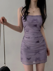 DAZY Gaun Cami Wanita Motif Kupu-kupu Model Kerut Bodycon Warna Ungu Lilac Mini Dress, Gaun Santai untuk Klub Malam - Purple - View 7