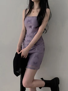 DAZY Gaun Cami Wanita Motif Kupu-kupu Model Kerut Bodycon Warna Ungu Lilac Mini Dress, Gaun Santai untuk Klub Malam - Purple - View 6