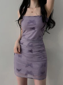 DAZY Gaun Cami Wanita Motif Kupu-kupu Model Kerut Bodycon Warna Ungu Lilac Mini Dress, Gaun Santai untuk Klub Malam - Purple - View 5