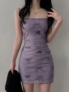 DAZY Gaun Cami Wanita Motif Kupu-kupu Model Kerut Bodycon Warna Ungu Lilac Mini Dress, Gaun Santai untuk Klub Malam - Purple - View 4