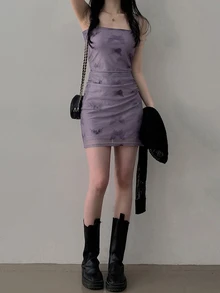 DAZY Gaun Cami Wanita Motif Kupu-kupu Model Kerut Bodycon Warna Ungu Lilac Mini Dress, Gaun Santai untuk Klub Malam - Purple - View 10
