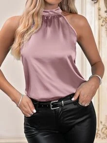 Amorya Solid Satin Halter Blouse - Dusty Pink - View 3