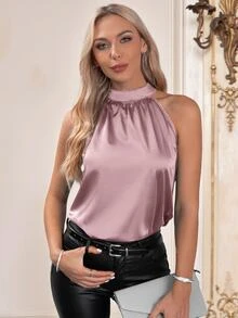 Amorya Solid Satin Halter Blouse - Dusty Pink - View 5
