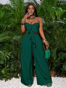 Slaydiva Green Front Tie Bandeau Top And Wide Leg Pants Women Vacation Outfit,Summer Outfits For Women - Dark Green - View 5
