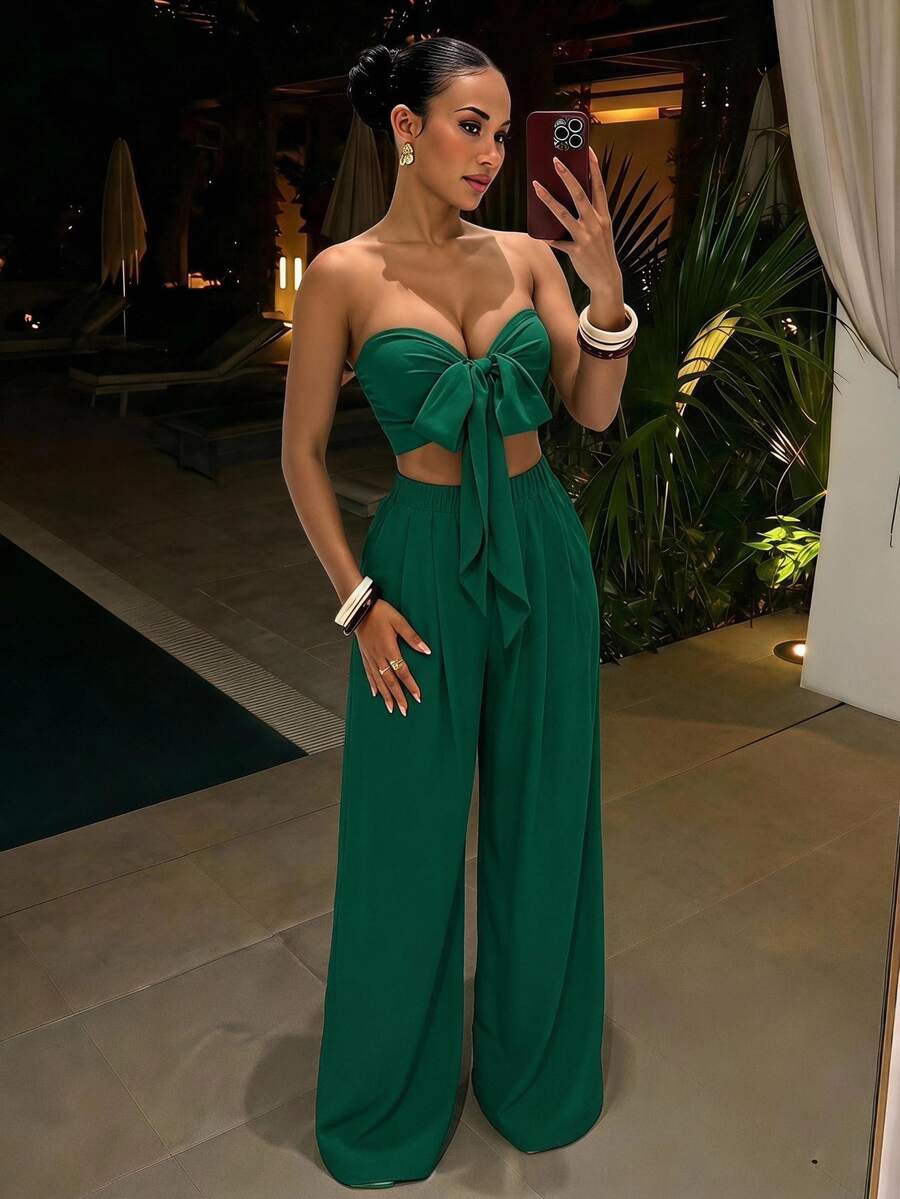Slaydiva Green Front Tie Bandeau Top And Wide Leg Pants Women Vacation Outfit,Summer Outfits For Women - Dark Green - View 1
