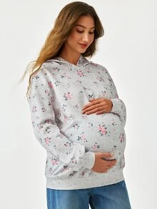 SHEIN Maternity Ditsy Floral Hooded Sweatshirt - Grey - View 6