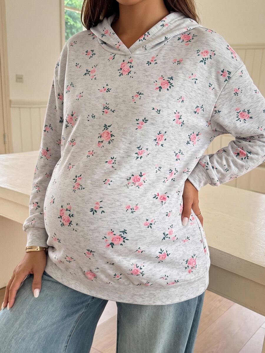 SHEIN Maternity Ditsy Floral Hooded Sweatshirt - Grey - View 1