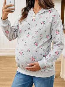 SHEIN Maternity Ditsy Floral Hooded Sweatshirt - Grey - View 1