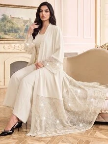 Al Najma Women's Elegant Rhinestone Fashion Arabic Abaya - Apricot - View 6