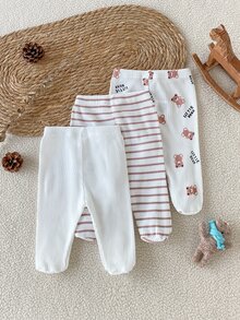 SHEIN 3pcs Newborn Spring Autumn Footed Leggings 0-9 Months Baby Cute Bear Stripe Print Soft Skin-Friendly Full Length Pants Suitable For Inner Wear, Outings And Multiple Occasions - Multicolor - View 3
