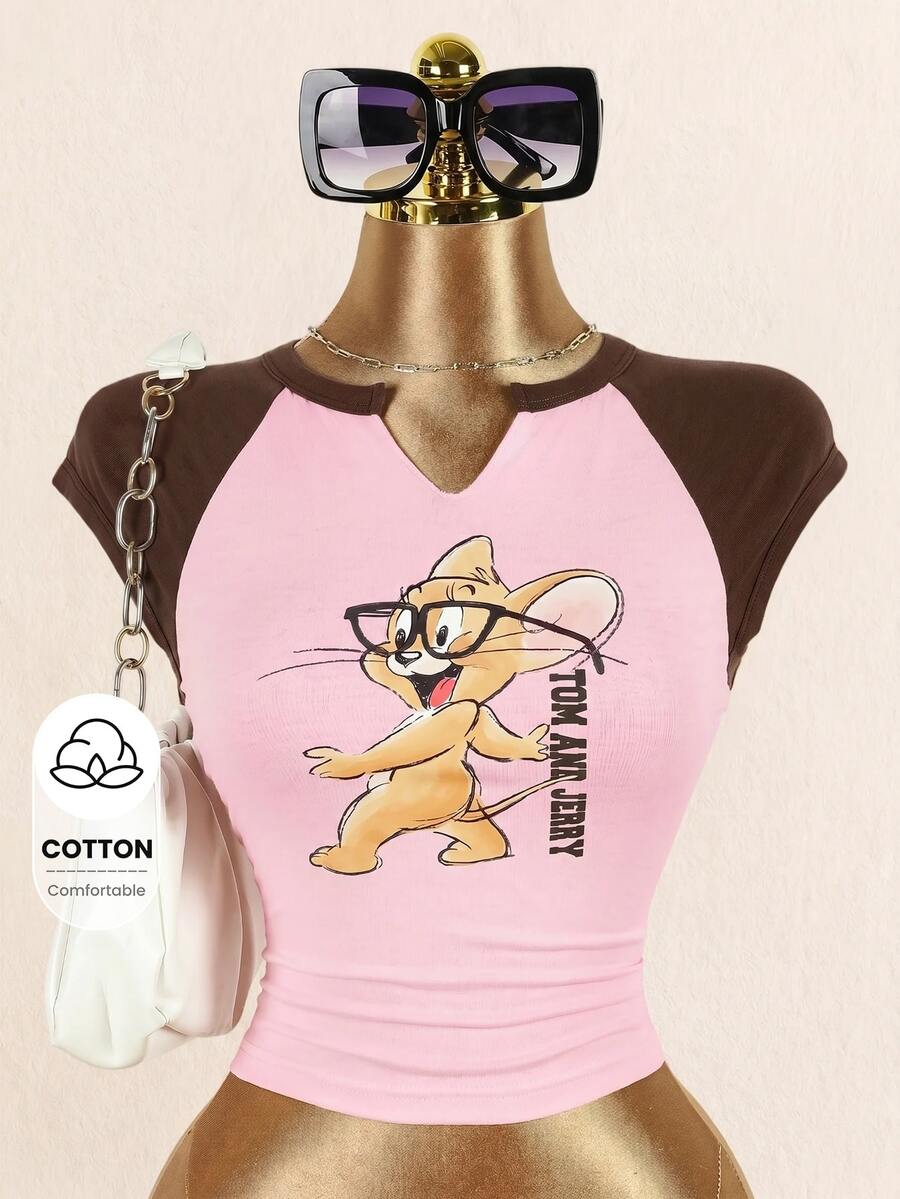 TOM & JERRY X SHEIN Women's Summer Casual Color Block Patchwork Cartoon Print T-Shirt - Pink - View 1