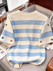 Resyla [Printed Design] Striped Contrast Floral Print Round Neck Women's Striped Print T-Shirt - Multicolor - View 2