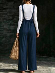 SHEIN Holidaya Women's Button Decor Casual Wide Leg Suspenders Long Pants, Spring/Summer - Navy Blue - View 2