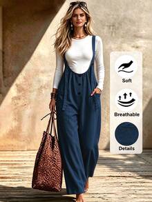SHEIN Holidaya Women's Button Decor Casual Wide Leg Suspenders Long Pants, Spring/Summer - Navy Blue - View 4