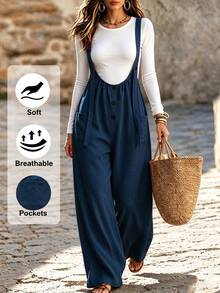 SHEIN Holidaya Women's Button Decor Casual Wide Leg Suspenders Long Pants, Spring/Summer - Navy Blue - View 1