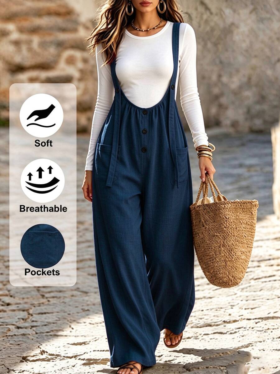 SHEIN Holidaya Women's Button Decor Casual Wide Leg Suspenders Long Pants, Spring/Summer - Navy Blue - View 1