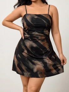 Enliva Truni Sometimesglam Plus Size Women's Mini Long Sleeve Elastic Dress, Black Printed Dress, For Pear Triangle Body Shape Concert Summer Sexy - Black - View 4