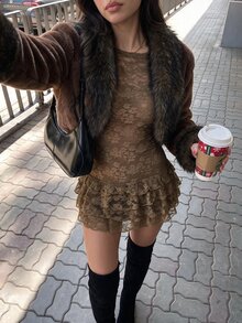 Sweetina Women's Fashion Versatile Winter Plush & Faux Fur Patchwork Coat - Brown - View 4