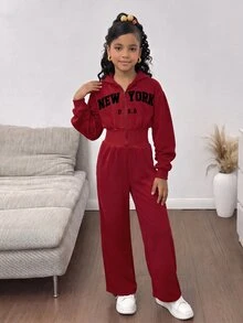 SHEIN Tween女孩時尚簡約純色連帽拉鍊印字母高腰秋冬連身褲 - 紅色 - 查看 4