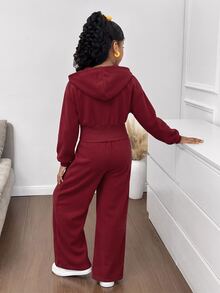 SHEIN Tween女孩時尚簡約純色連帽拉鍊印字母高腰秋冬連身褲 - 紅色 - 查看 2