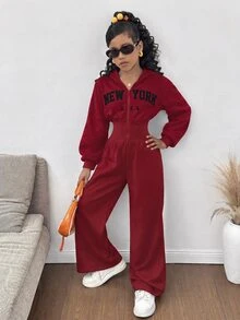 SHEIN Tween女孩時尚簡約純色連帽拉鍊印字母高腰秋冬連身褲 - 紅色 - 查看 3