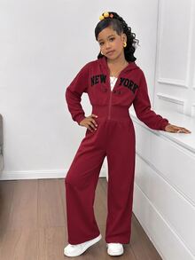 SHEIN Tween女孩時尚簡約純色連帽拉鍊印字母高腰秋冬連身褲 - 紅色 - 查看 7