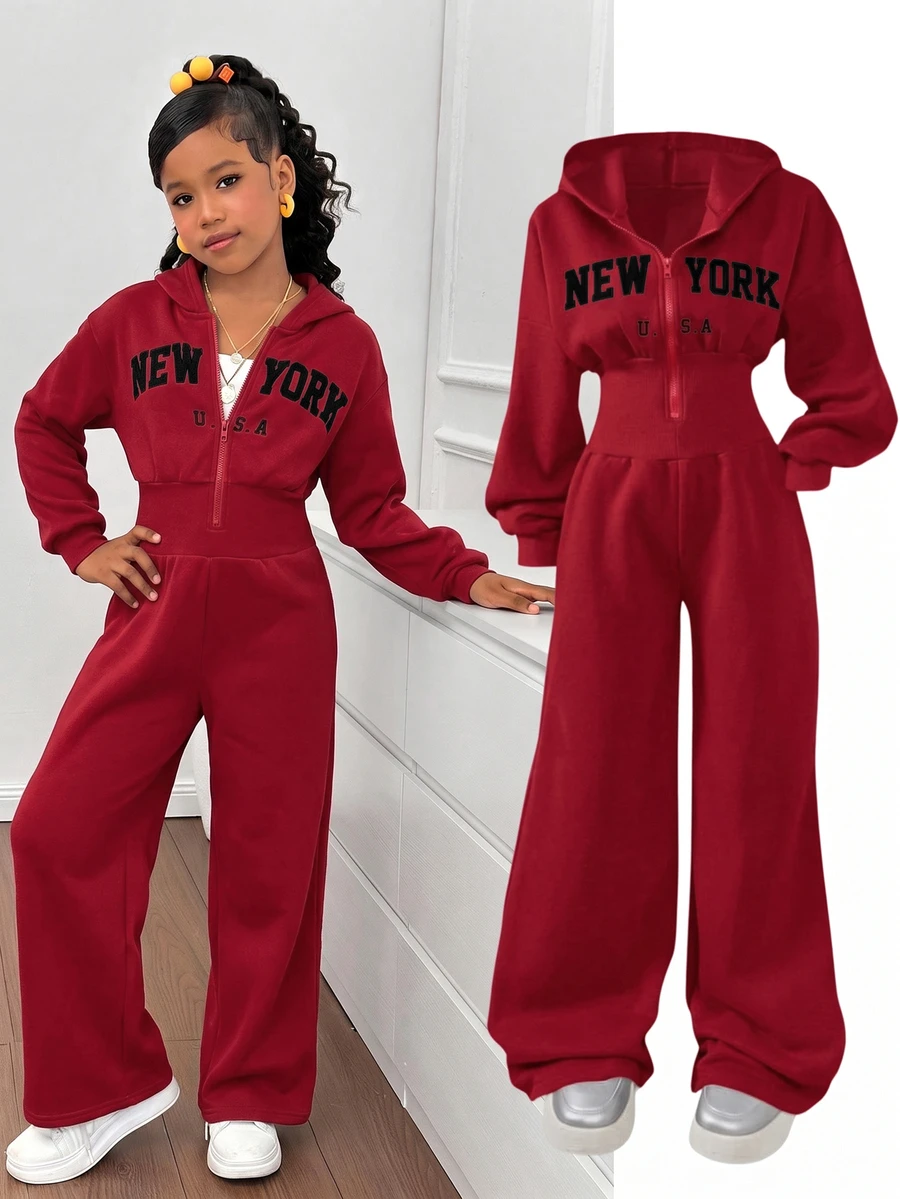 SHEIN Tween女孩時尚簡約純色連帽拉鍊印字母高腰秋冬連身褲 - 紅色 - 查看 1